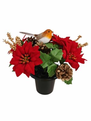 Red Poinsettia, Holly & Robin Grave Vase(12 pots in a box)(£3.50 each pot )