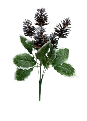 Glittered Cones Bush with Holly leaf Silver (24 Bunches/pack) 24 x 75p or 144 x 65p