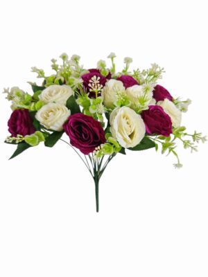 46cm 18Heads Rose Bush Cream & Purple (More than 12pcs=£2.75 each)