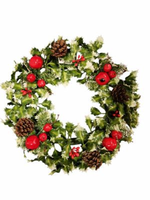 18inch Large Plastic Holly Wreath with Pomegranate/Berry /Cone (More than 6pcs=£6.50 each）