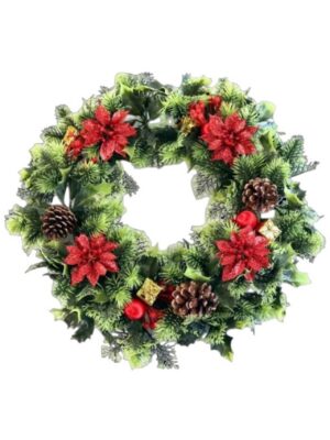 18inch Large Plastic Holly Wreath with Red Poinsettia (More than 6pcs=£6.50 each）