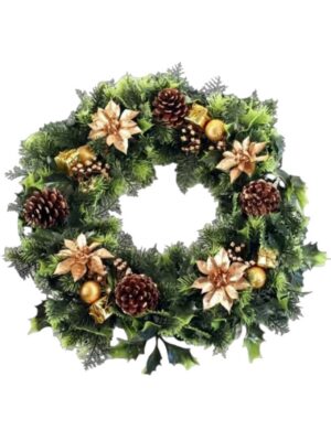 18inch Large Plastic Holly Wreath with Gold Poinsettia (More than 6pcs=£6.50 each）